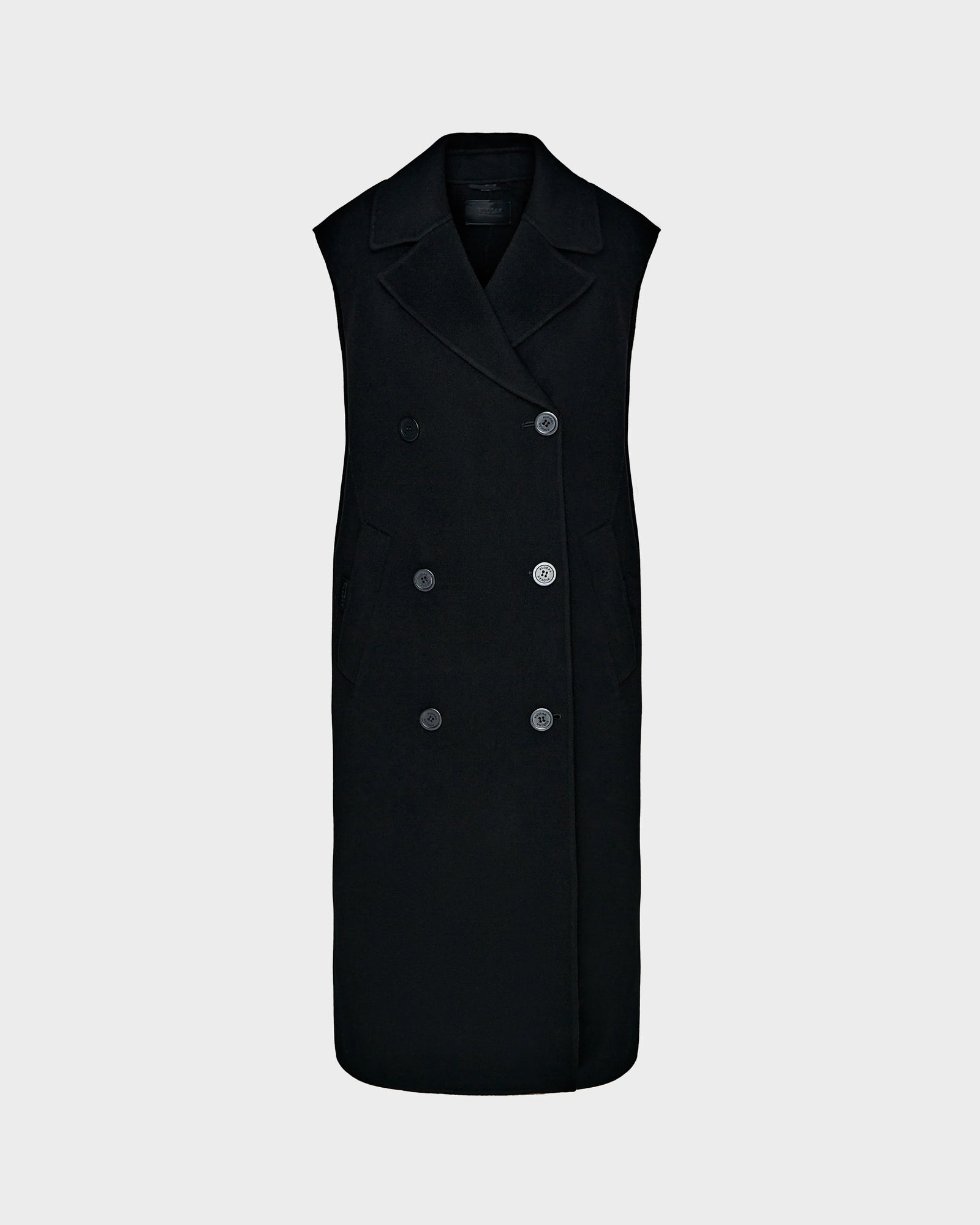 The Rudsak NOURA - 8124698 Black is a sleeveless, double-breasted knee-length vest with notched lapels and side pockets, shown on a plain light gray background.