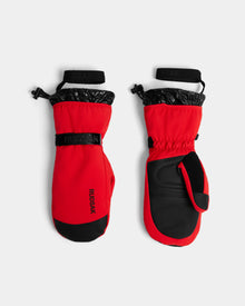 Rudsak OLTEN - 8424513 Flame Red insulated mittens with black accents, adjustable wrist straps, and elastic cuffs—perfect for winter adventures—are shown on a plain white background.