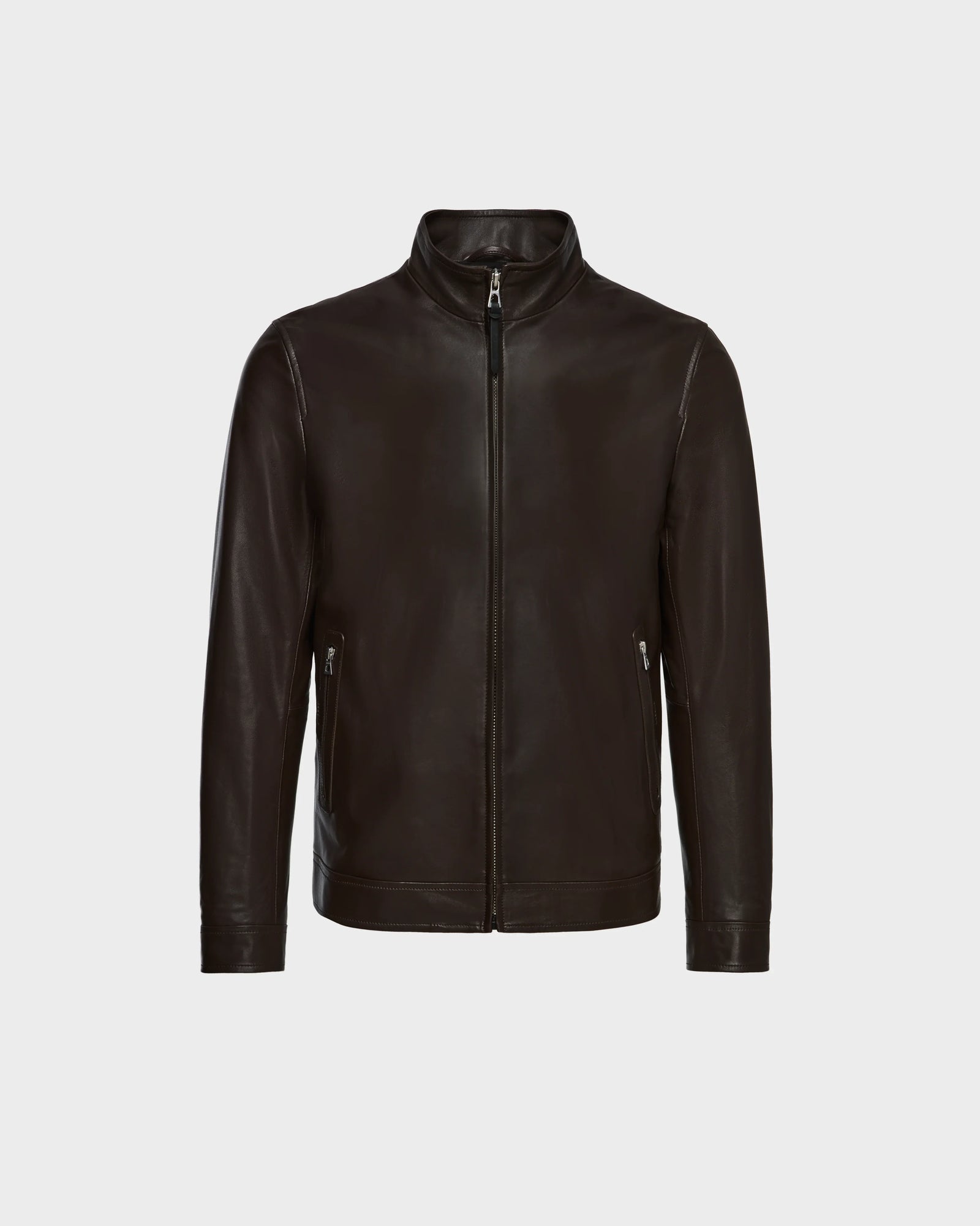 The STEVEN - 6124541 Espresso by Rudsak is a classic mens leather jacket featuring a front zipper, high collar, and zippered side pockets, shown against a plain white background.