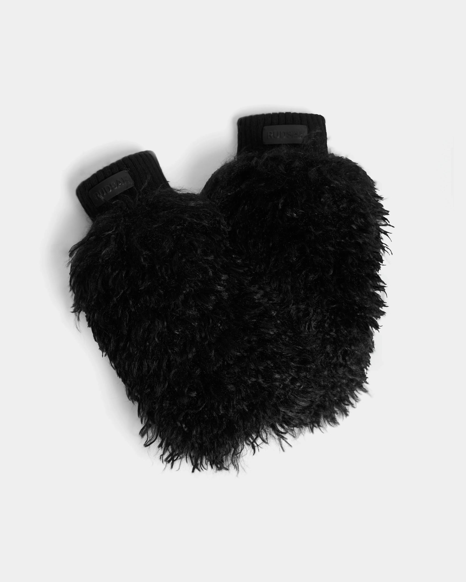 The Rudsak SUSAN M - 8424505 Black mittens, crafted from black faux Mongolian fur with ribbed cuffs and designed for womens après-ski style, are displayed side by side on a plain white background.