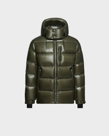 The Rudsak VINCE S - 6124560 Loden Green men’s down puffer jacket features RDS-certified fill, a hood, front zipper, two side zip pockets, chest zip pocket, and black ribbed cuffs—all on a plain light gray background.
