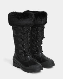The Rudsak WINDY - L224507 Black boots are tall women's winter boots with faux fur trim, lace-up fronts, rugged soles, quilted sides with a raised R logo, and offer stylish, insulated cold-weather comfort.