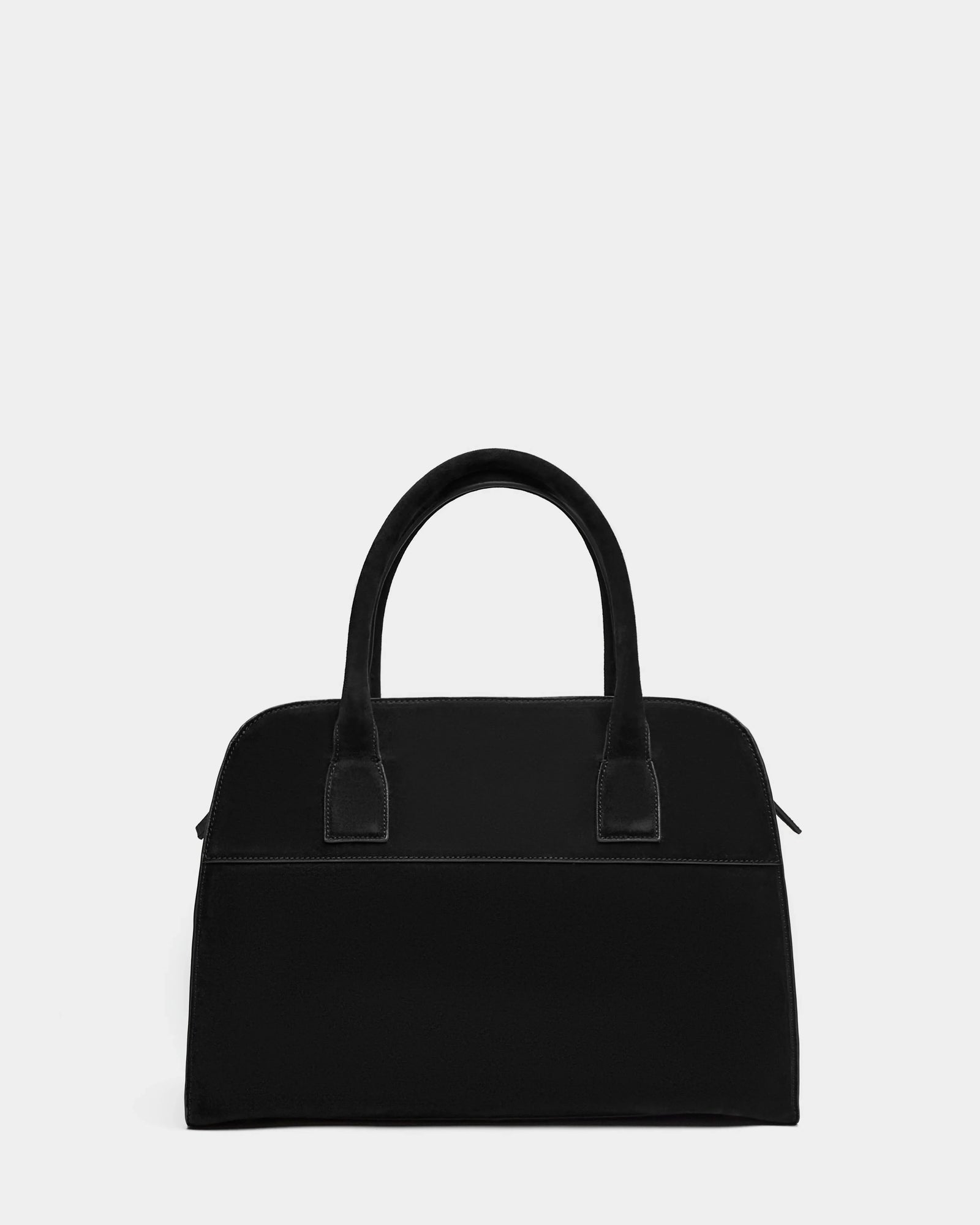 The Rudsak YASMINA L CS - 8324524 Black womens large tote bag features a minimalist design, two sturdy handles, and a rectangular base in black suede, displayed against a plain light gray background.