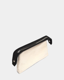 A rectangular black canvas pouch with a black zipper and trim, inspired by the Rudsak YASMINA L CS - 8324524 Black tote bag, features metal grommets at each end and is displayed on a light gray background.