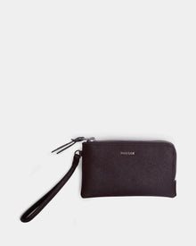 The Rudsak ZURIE - L424501 Wine is a small black women's leather wristlet pouch with zippered compartments, a detachable strap, and a gold RUDSAK logo on the front, shown against a plain white background.