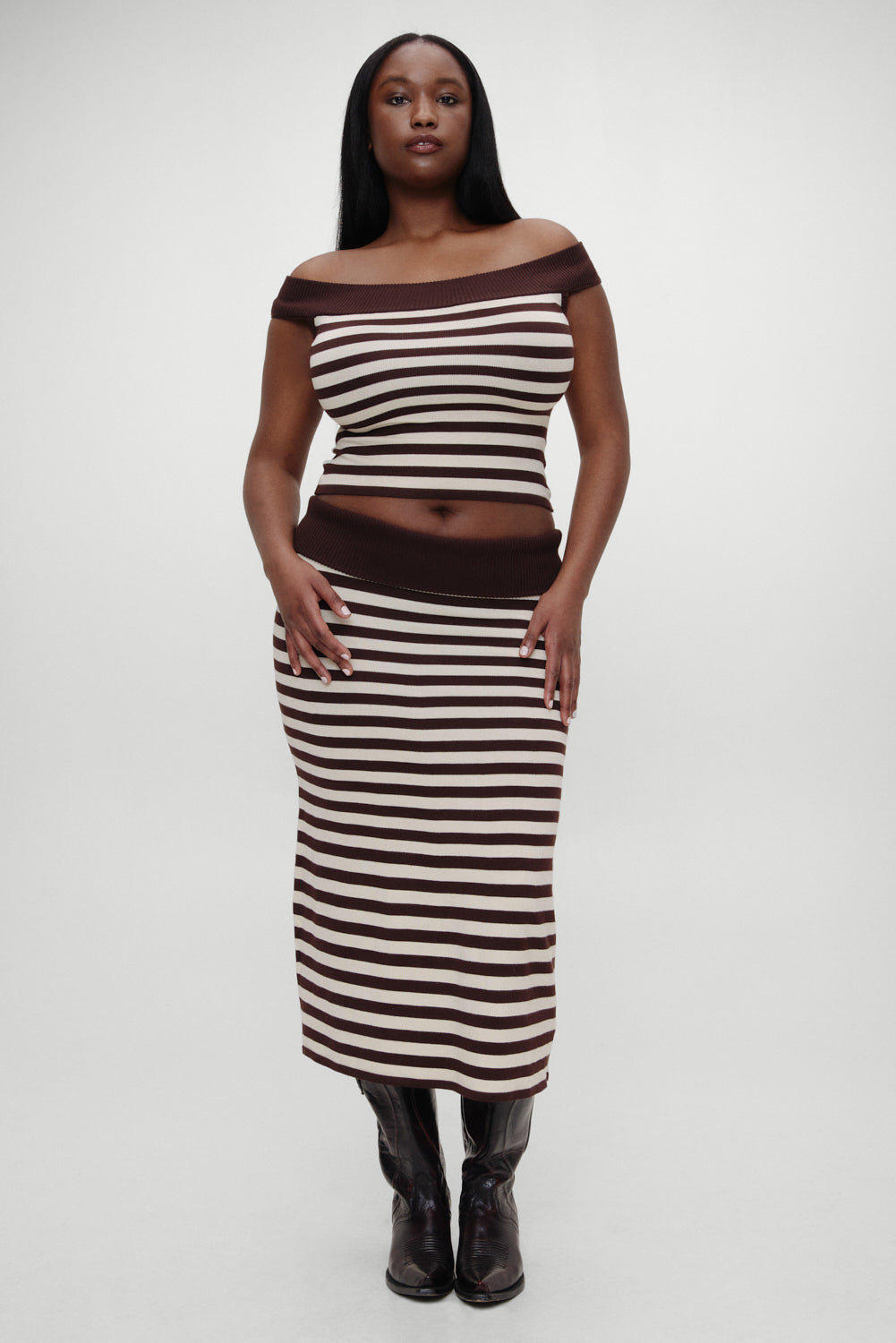 BELLA HADID Tucker Knit Midi Skirt Cowboy Stripe