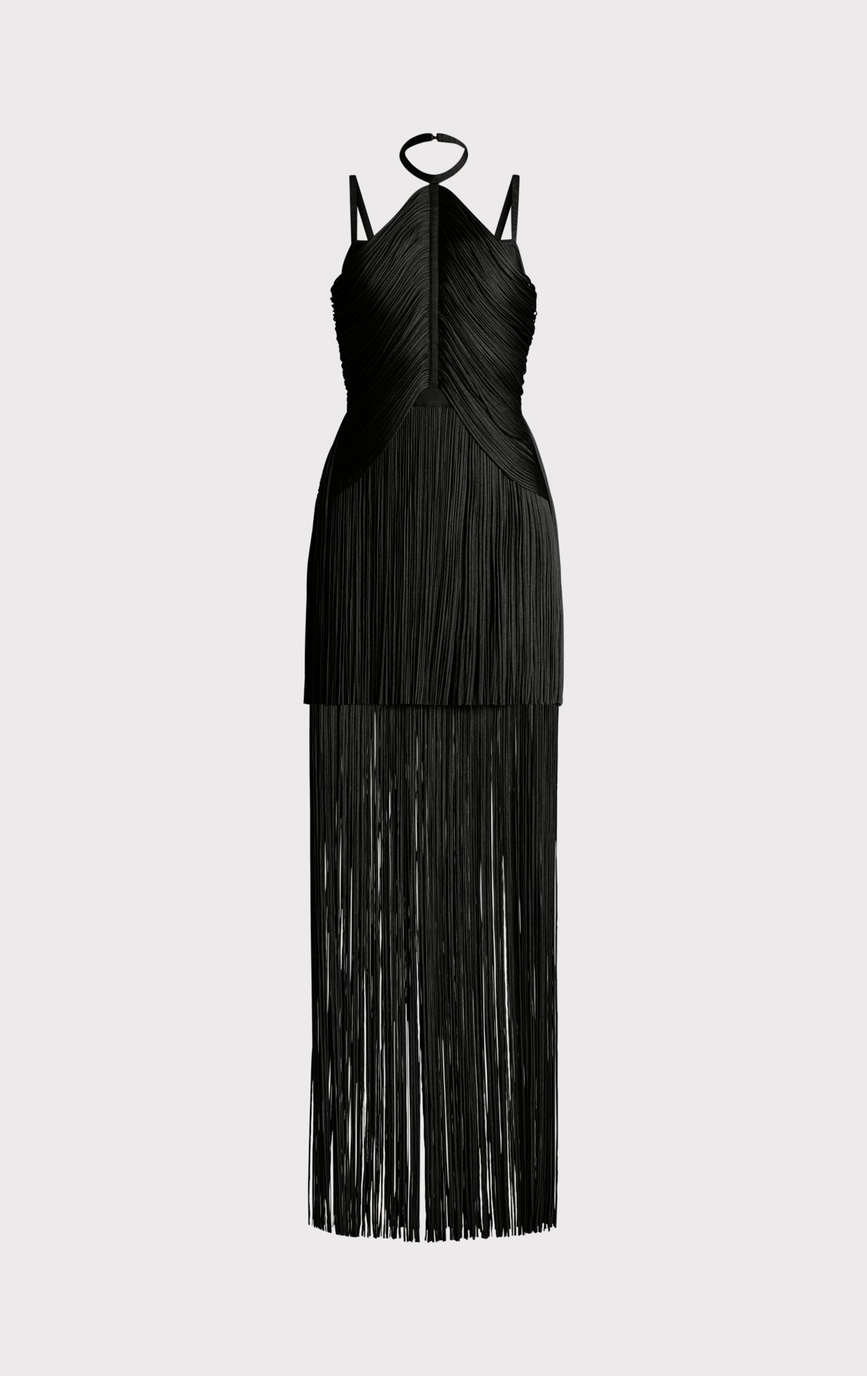 Draped Fringe Strappy Halter Gown | Black