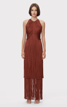 Metallic Draped Fringe Halter Gown | Metallic Redwood