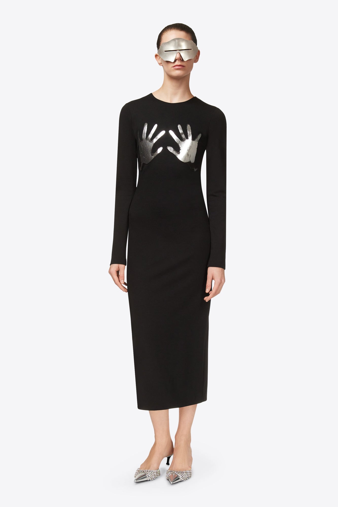 Handprint Long Sleeve Midi Dress | Black