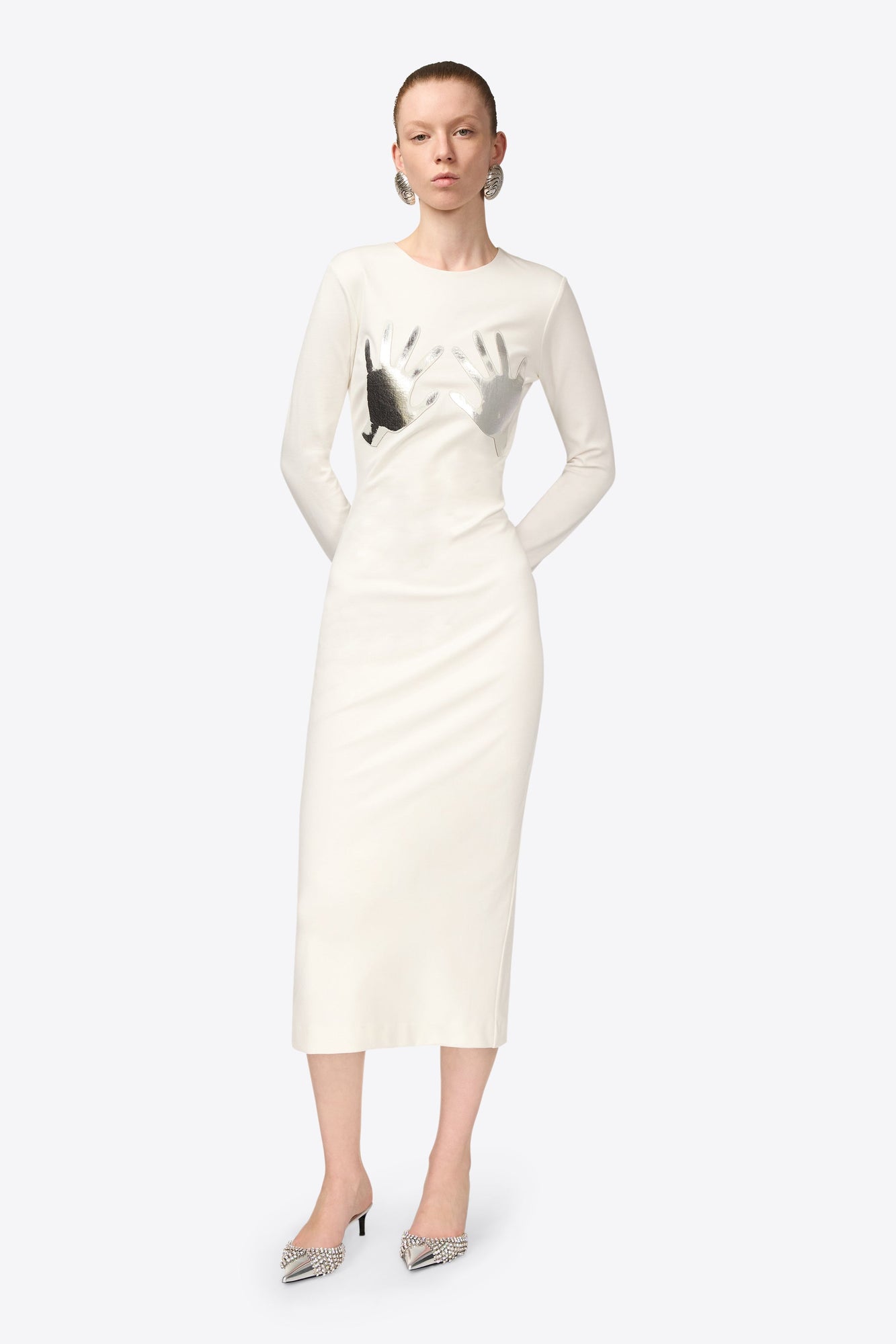 Handprint Long Sleeve Midi Dress | Off White