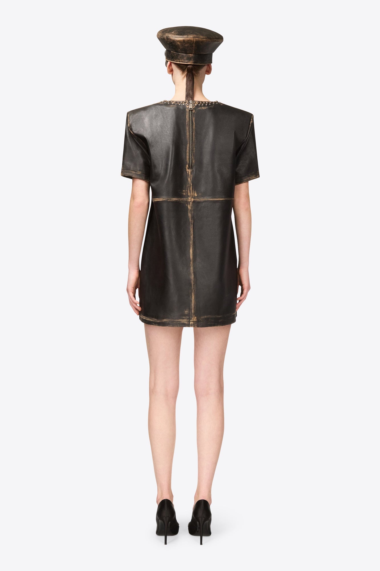 Studded Leather V-Neck T-Shirt Dress | Black