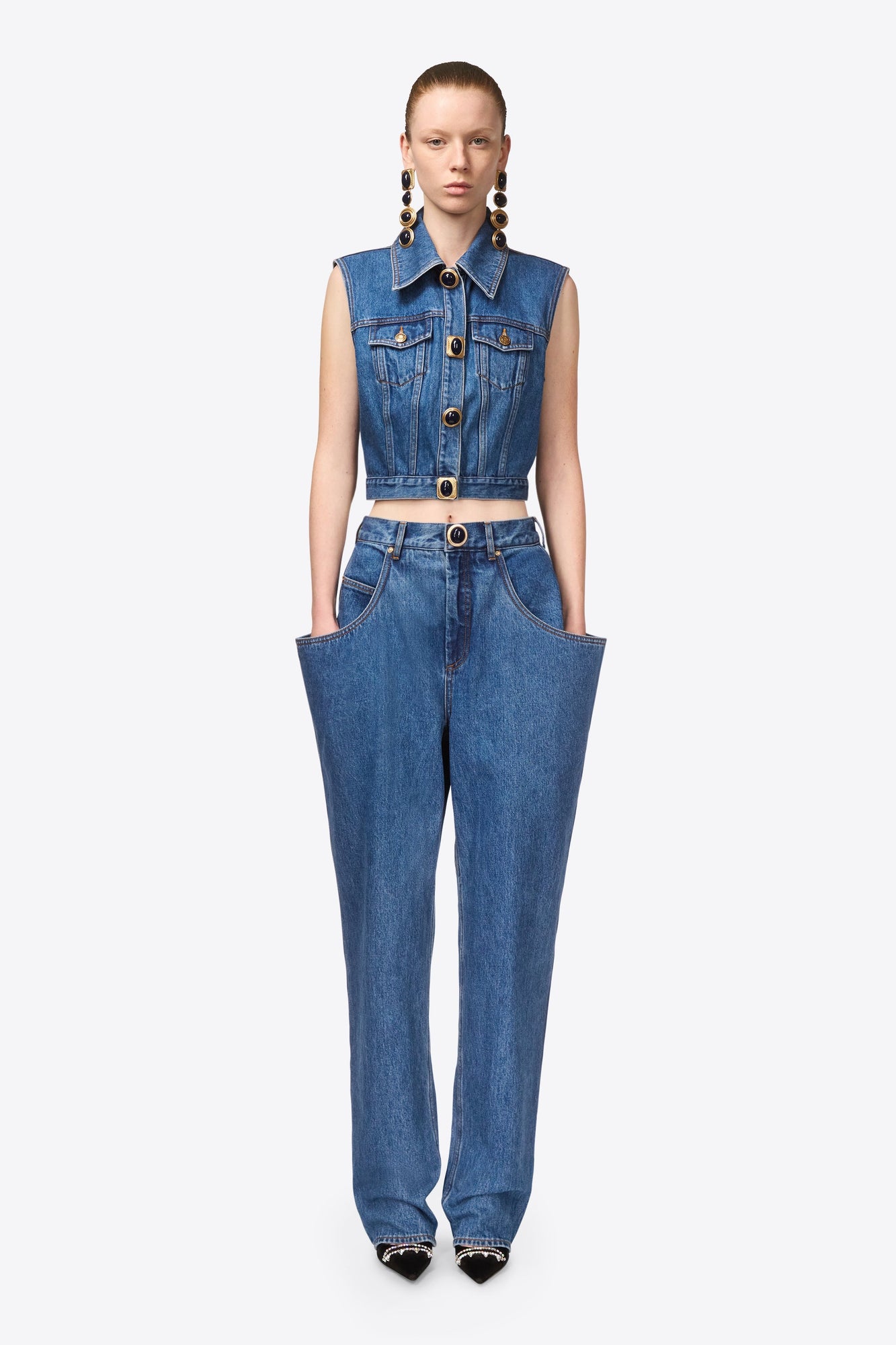 Gemstone Button Denim Gilet | Medium Blue