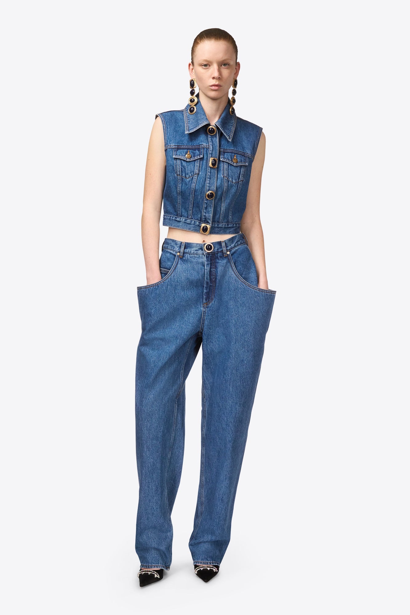 Gemstone Button Denim Gilet | Medium Blue