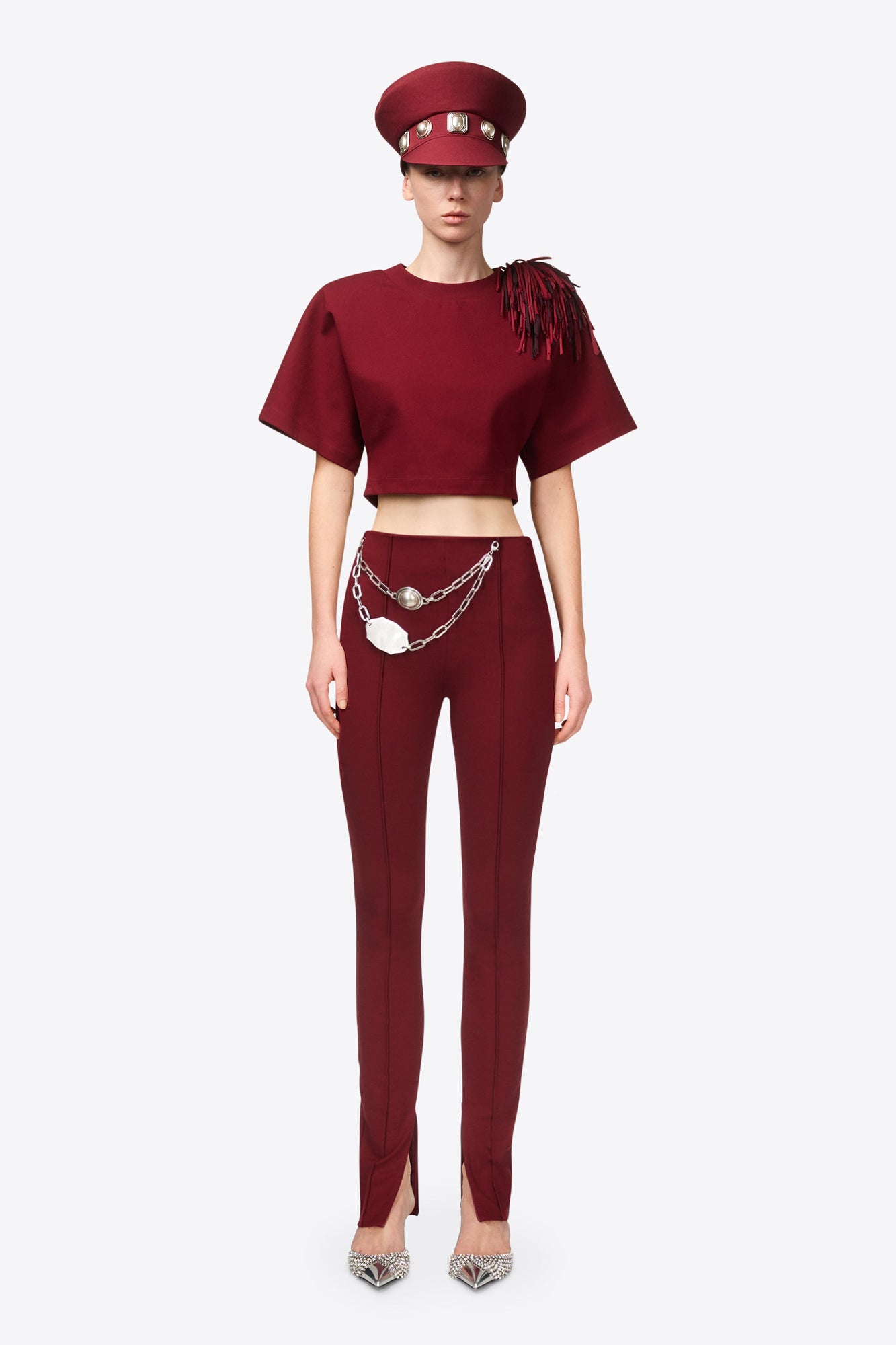 Fringe Brooch Cropped T-Shirt | Burgundy