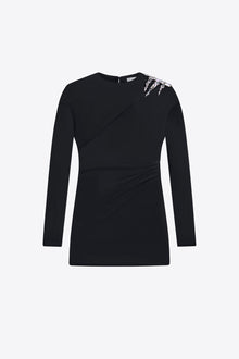 Crystal Cluster Draped Long Sleeve Mini Dress | Black