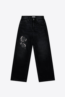 Crystal Chain Cutout Relaxed Jean | Washed Black
