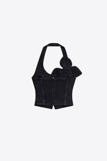 Denim Bow Halter Top | Washed Black