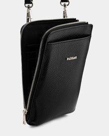 Close-up of the Rudsak CELYN - L325514 Black women’s crossbody bag in black pebbled leather with silver zippers, metal clasps, and the RUDSAK logo embossed on the front. Features two zippered compartments for city style and convenience.