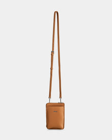 The Rudsak CELYN - L325514 Taupe is a small, rectangular women’s crossbody bag in tan pebbled leather with an adjustable long strap and a zippered top, shown against a plain white background.