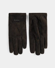 A pair of Rudsak FLORA - L425542 Espresso women’s suede gloves, wool-cashmere lined for warmth and featuring brand embroidery on the left glove, displayed flat against a white background.