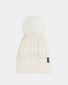 The Rudsak LANYA - L423514 Iceland women's winter hat features a soft wool blend, ribbed fold-over cuff, large fluffy pom-pom on top, and a small black tag attached to the cuff.