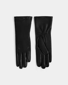 Rudsak TORRI - L425544 Black women's leather gloves—a chic winter staple—shown side by side on white: the left displays the front, and the right reveals the palm with a cozy wool-cashmere lining.