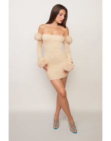 Faux Fur Off The Shoulder Mini Dress | Cream