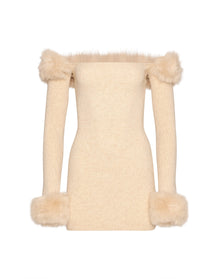 Faux Fur Off The Shoulder Mini Dress | Cream