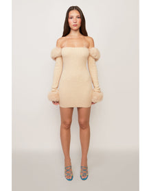 Faux Fur Off The Shoulder Mini Dress | Cream