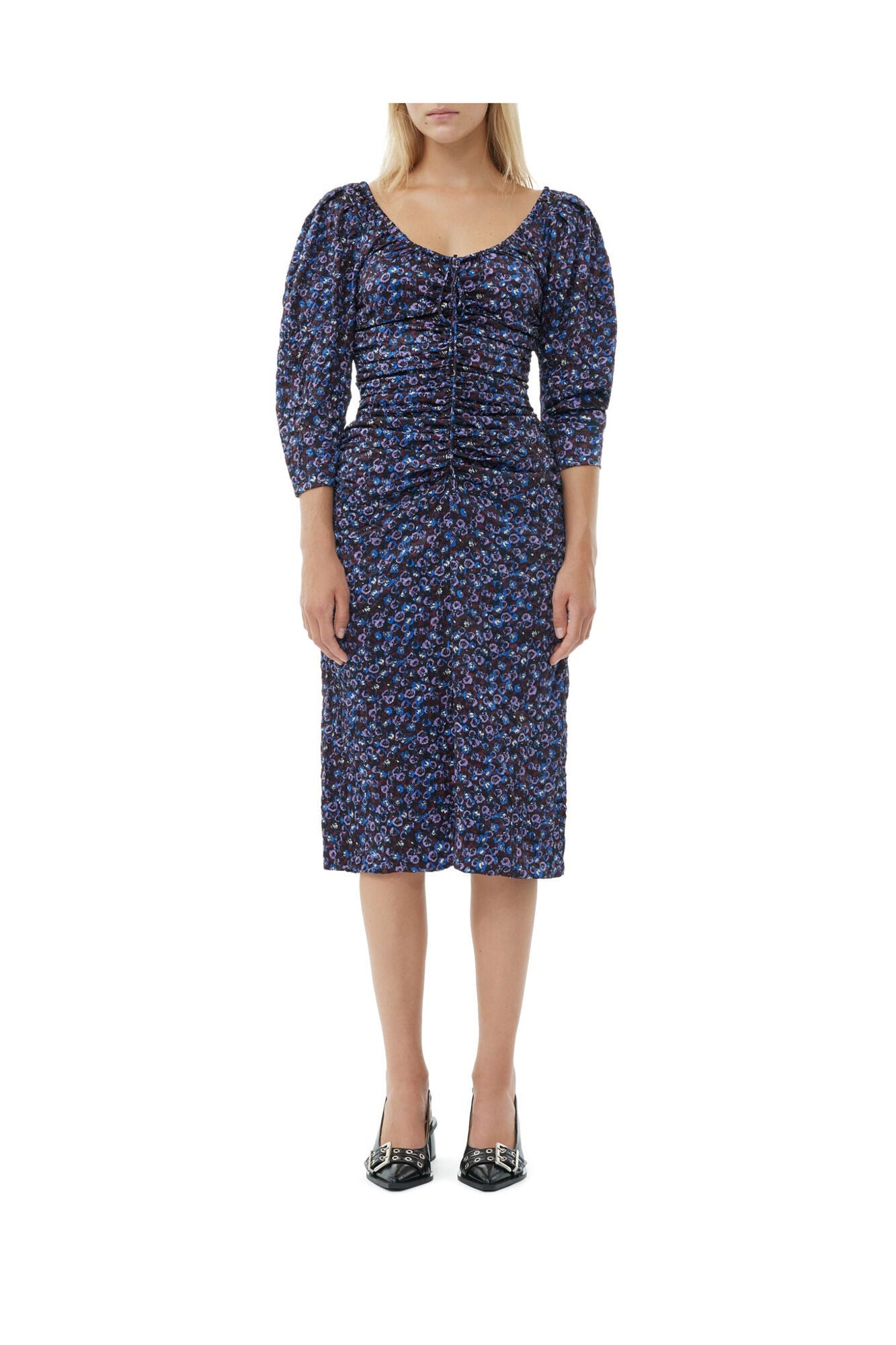 Floral Crinkled Satin U neck Midi Dress | Black