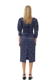 Floral Crinkled Satin U neck Midi Dress | Black