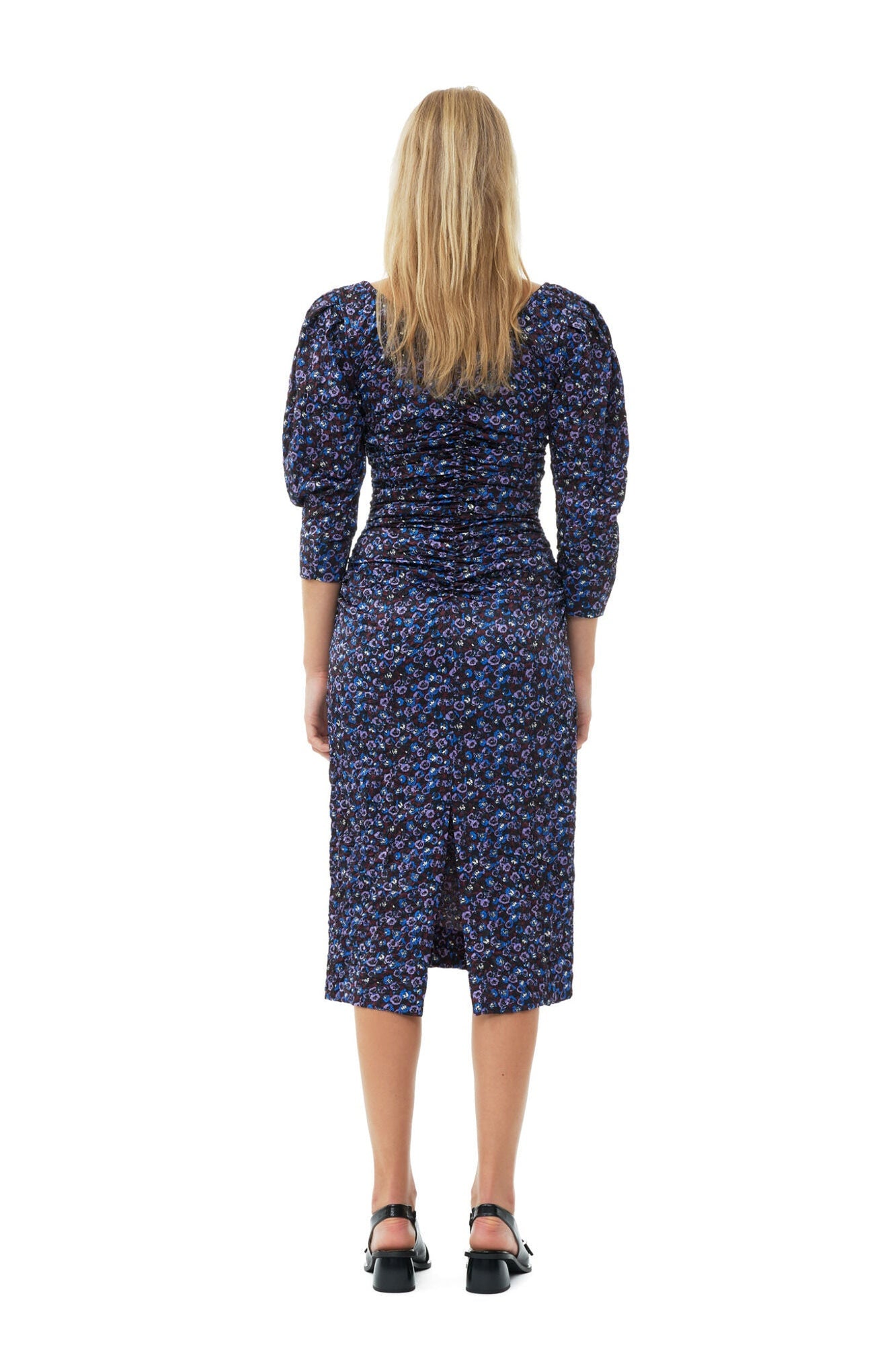 Floral Crinkled Satin U neck Midi Dress | Black