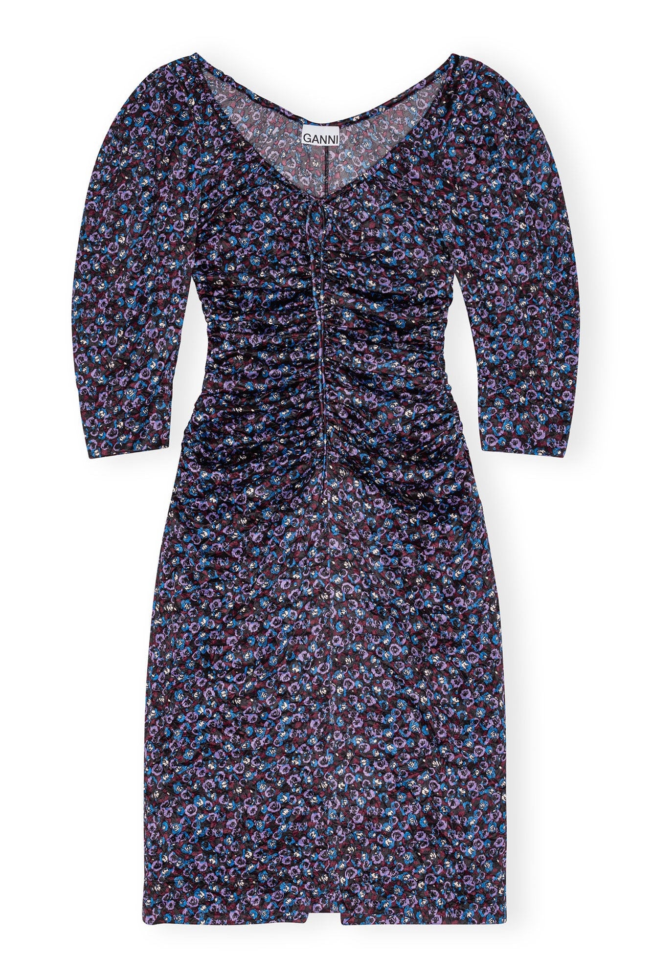 Floral Crinkled Satin U neck Midi Dress | Black
