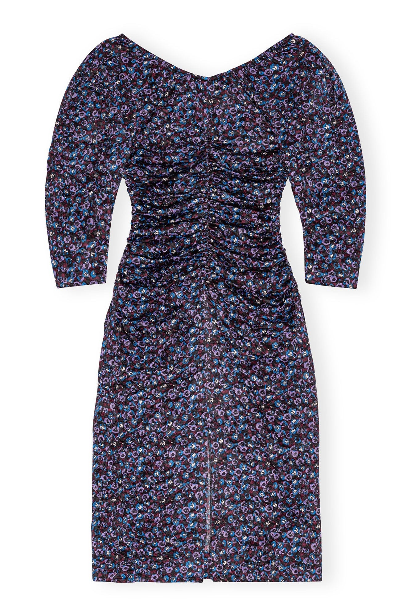 Floral Crinkled Satin U neck Midi Dress | Black