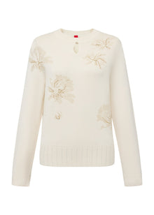 Floral Round-Neck Knit Sweater | Beige