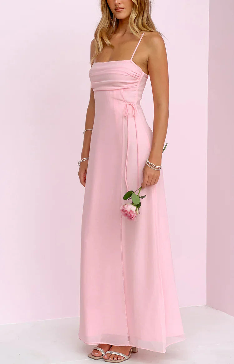 Beginning Boutique Flossie Pink Maxi Sleeveless Dress pink square neck ruched maxi dress with spaghetti straps and tie-side waist