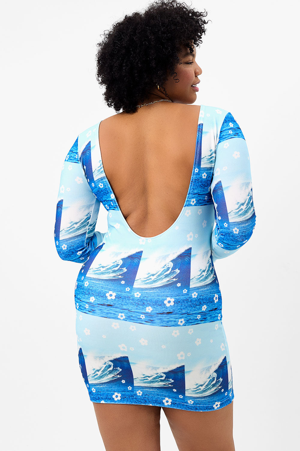 boz long sleeve short dress blue tides wave print