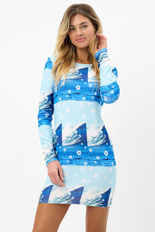 boz long sleeve short dress blue tides wave print
