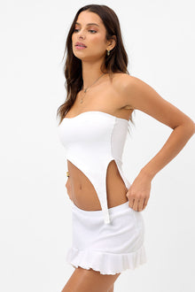 dani strapless asymmetrical white plisse rib top 