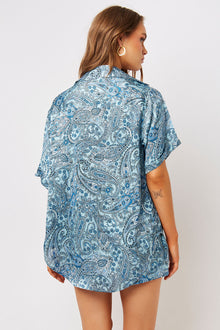 fifi silk blue paisley button up shirt