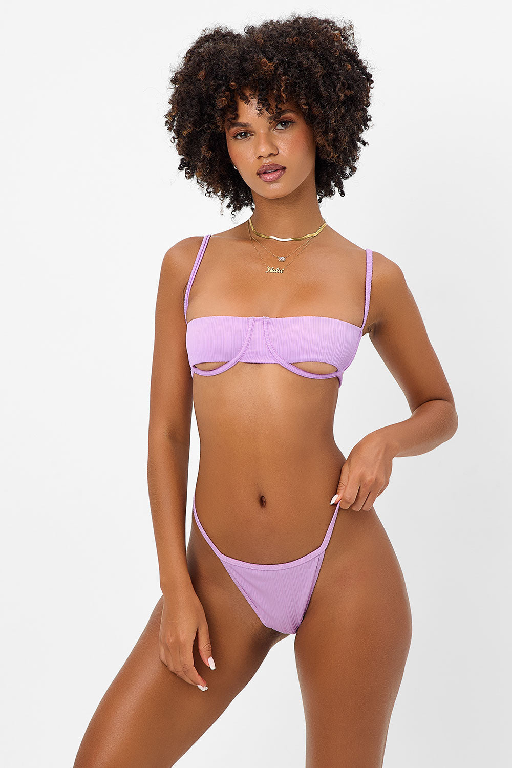 Harmony Plisse Thong Bikini Bottom Wisteria