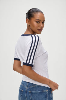 Bodega V Neck White Tee Shirt in White with Deep Navy Blue Trim