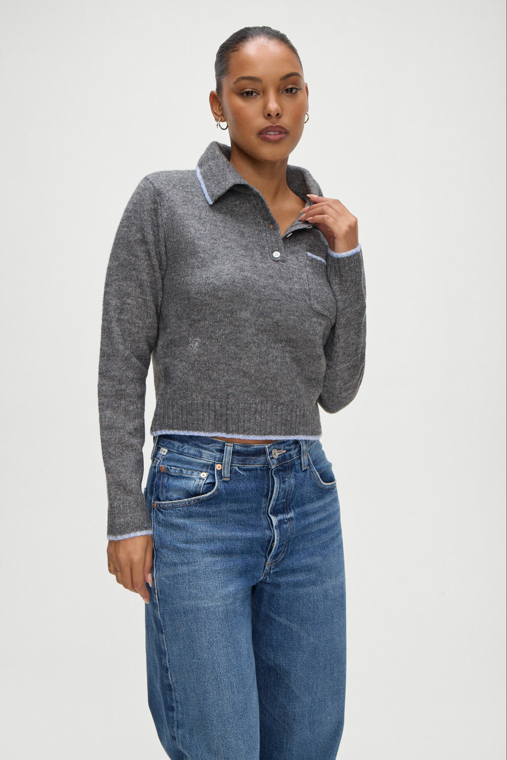 Carolyn Fuzzy Collard Sweater in Winter Sky Grey