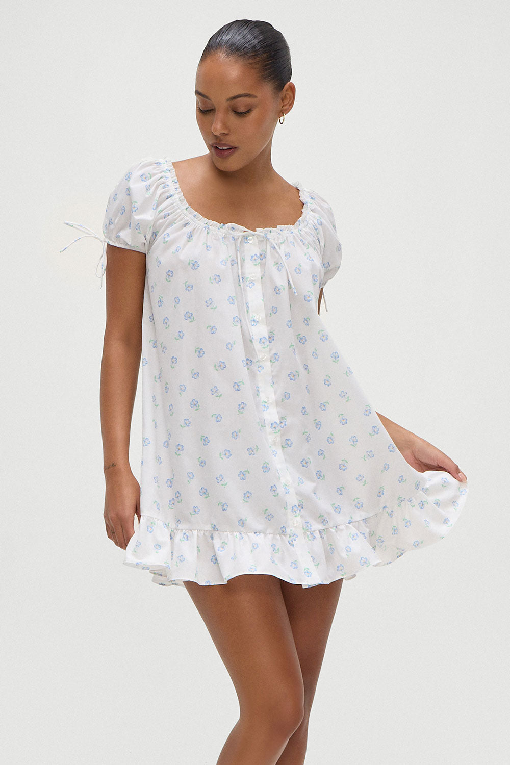 Starlet Poplin Mini Dress in Periwinkle Blue and White Floral Print