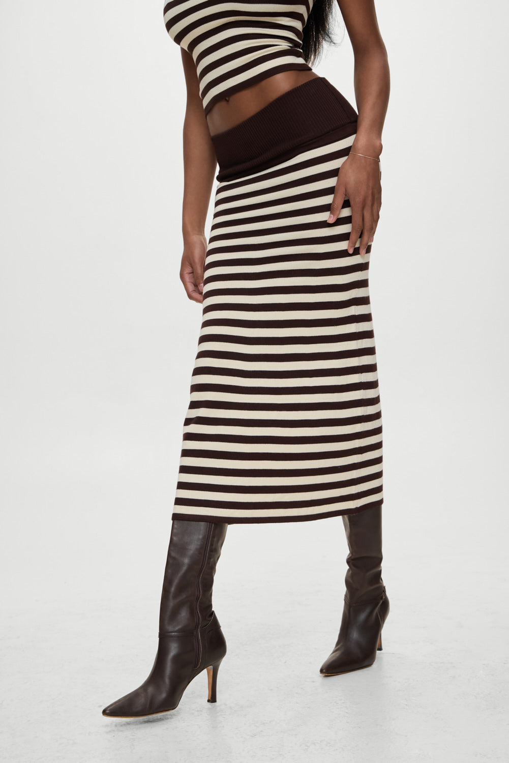 BELLA HADID Tucker Knit Midi Skirt Cowboy Stripe