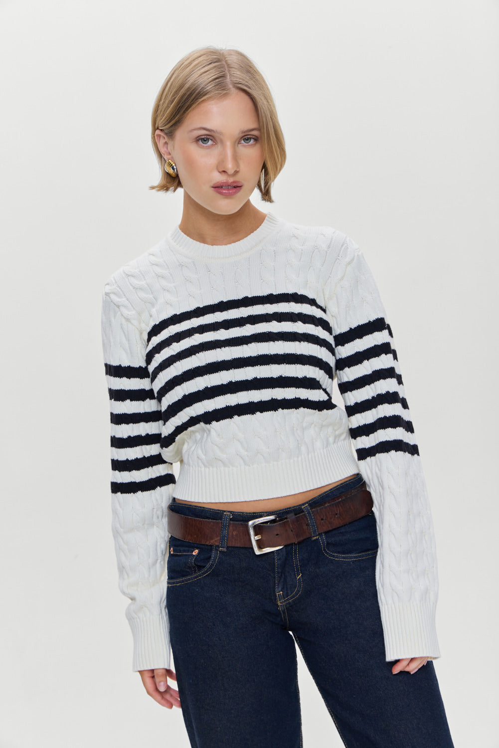 Varsity Striped Cable Knit Sweater Ivory
