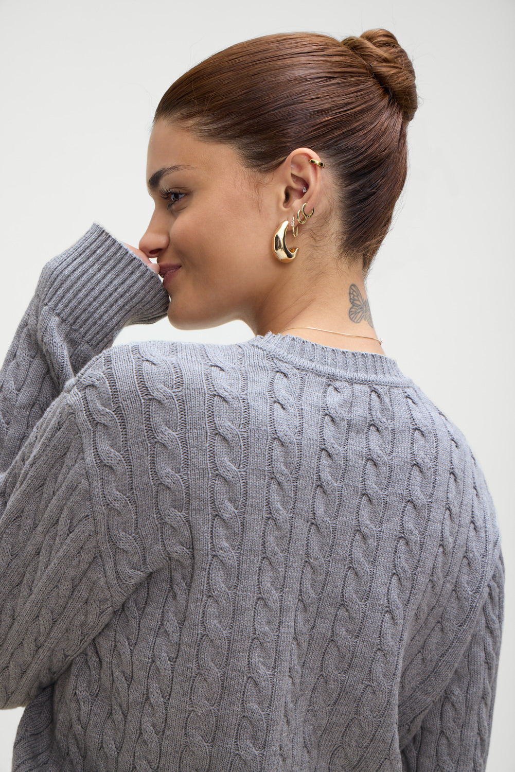 Varsity cable knit pullover sweater rain cloud grey