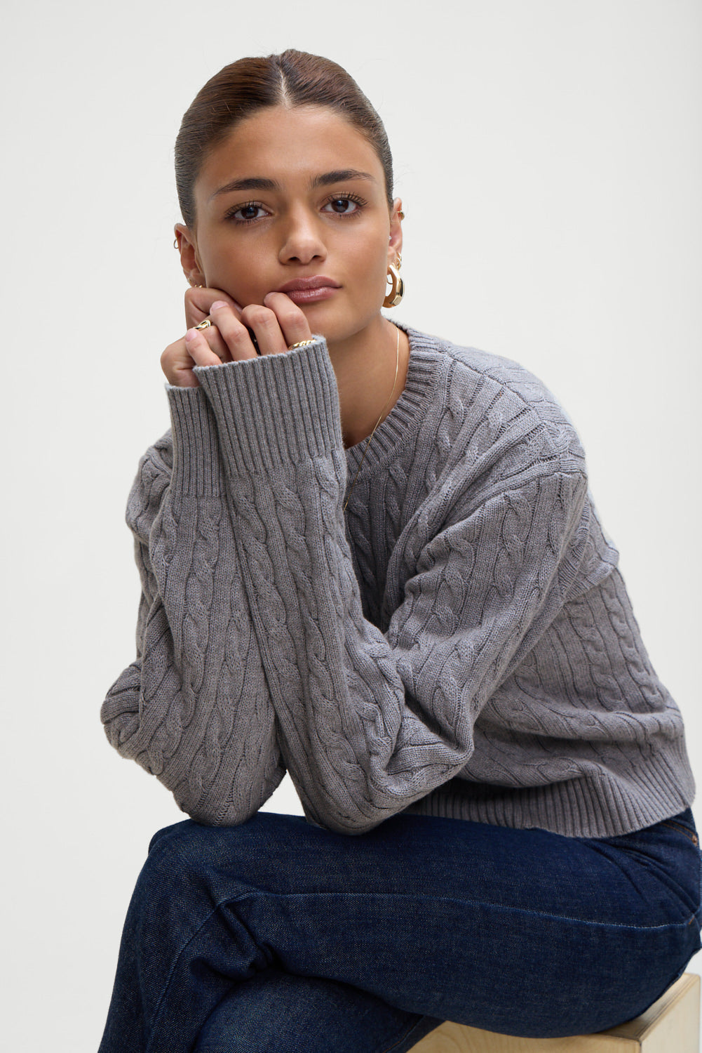 Varsity cable knit pullover sweater rain cloud grey