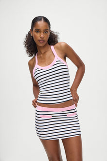 Velma Tank in Vintage Stripe White and Black Stripe with Pink Trim