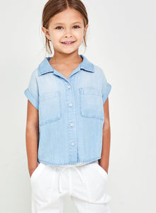 Girls |  Slouchy Short Slv Button Down | Sunbleach Wash